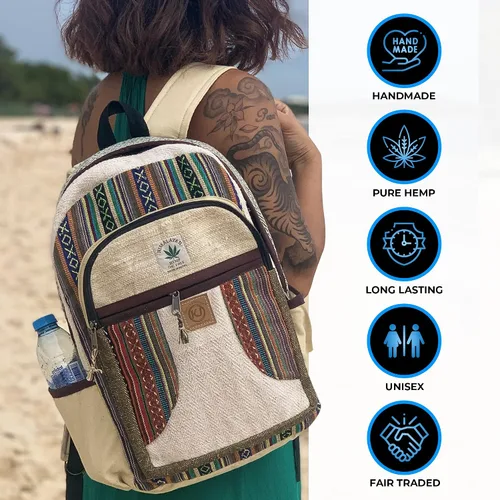 Vista 2 de Mochila Nepal de cáñamo grande hecha a mano natural con múltiples bolsillos