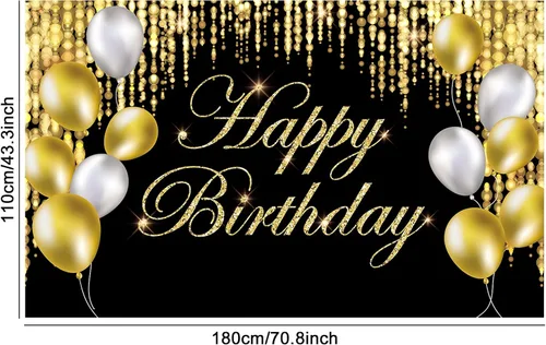 Vista 2 de Cartel de feliz cumpleaños negro y dorado con texto en inglés «It's My Birthday», telón de fondo para baby shower, fiesta interior y exterior