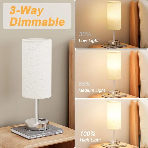 Vista 5 de Dicoool - Lámpara de mesa táctil para mesita de noche de dormitorio - Lámpara de noche con puertos de carga USB-C y USB-A, blanca, lámpara de Metal