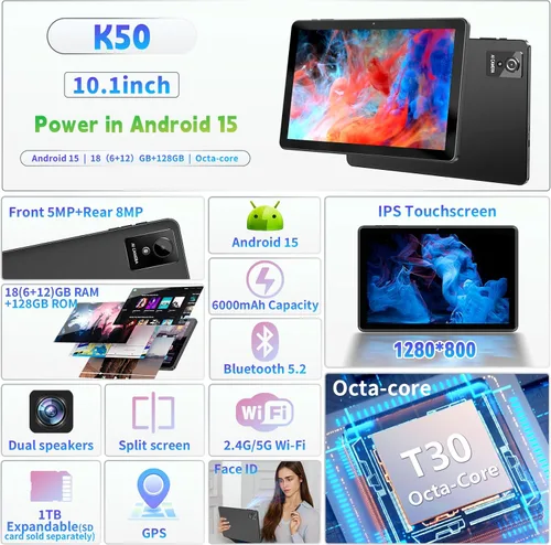 Vista 2 de Tablet de 10 pulgadas, tableta Android de 10 pulgadas, tableta Android 15 con 18 GB de RAM 128 GB de ROM, 1 TB expandible, Widevine L1, procesador
