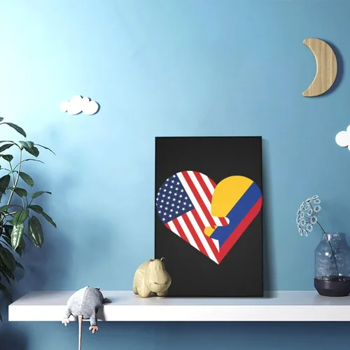 Vista 4 de Lienzo decorativo para pared, diseño de corazones, bandera de Estados Unidos y Colombia, decoración del hogar, 12 x 18 pulgadas