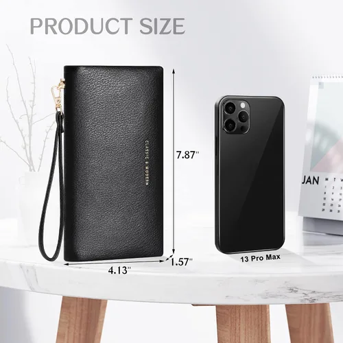 Vista 6 de Cartera para mujer, cartera de mano con soporte para teléfono, tarjetero grande de cuero vegano suave, Casual