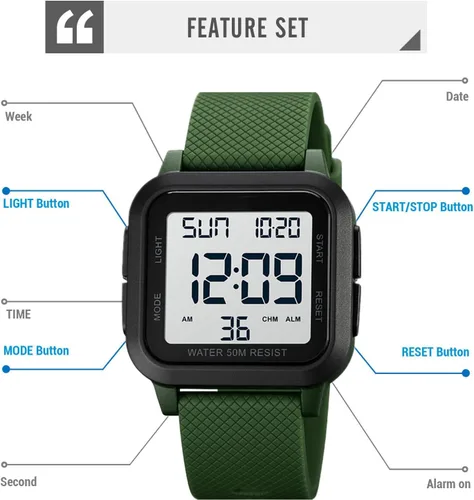 Vista 4 de Reloj digital deportivo para hombre, resistente al agua, con retroiluminación LED, alarma, temporizador de cuenta regresiva, doble hora, cronómetro
