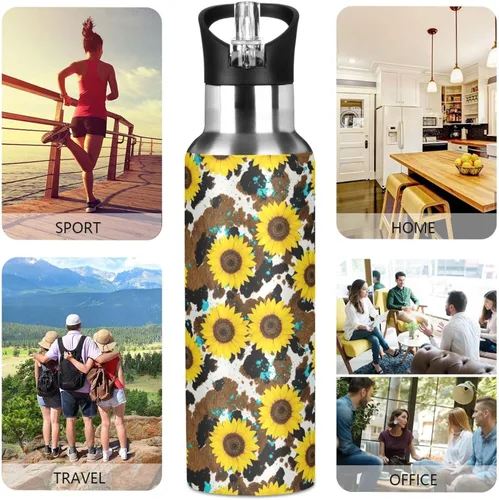 Vista 5 de Yellow Sunflowers Rustic Cow Print Stainless Steel Water Bottle 20 Oz Leakproof Water Bottles, BPA-Free Sport Water Bottle Insulated
