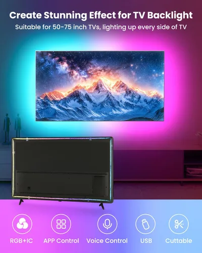 Vista 2 de Luces LED RGB+IC de 9.84 pies para TV de 32 a 43 pulgadas, tira de retroiluminación detrás de la TV con sincronización de música, aplicación