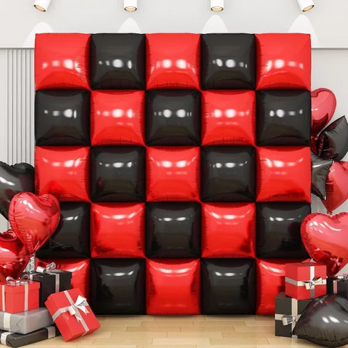 Vista 10 de Globos de aluminio cuadrados rojos, azules y plateados, kit de 25 globos de doble cara para fondo, túnel de helio, arco, guirnalda para el 4 de Rojo