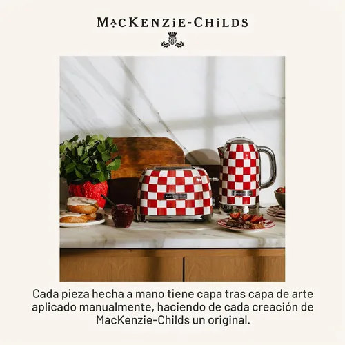 Vista 6 de MACKENZIE-CHILDS Hervidor eléctrico, tetera de acero inoxidable, cuadros de cereza roja y blanca