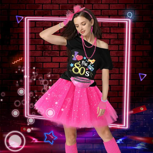 Vista 6 de Accesorios de disfraz de los años 80 para mujer, camiseta de los años 80, riñonera de los años 80, falda tutú para Halloween, cosplay, fiesta
