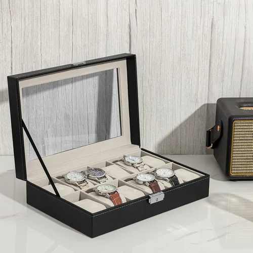 Vista 3 de Oyydecor Caja de reloj de piel sintética organizador de almacenamiento de madera para almacenamiento y exhibición negocios de regalo para hombres