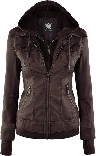 Vista 16 de Lock and Love Chaqueta Abrigo de Moto Motociclista de Piel Sintética para Mujer con Capucha Extraíble o No Extraíble Wjc1044_negro