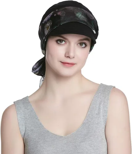 Vista 3 de Alnorm Juego de gorro y pañuelo de algodón transpirable para quimioterapia para mujeres Negro Rosado