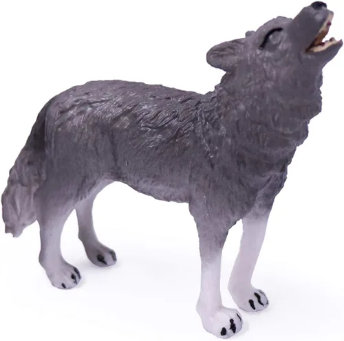Vista 4 de UANDME Juego de 4 figuras de juguete de lobo, figuras de animales de lobo, decoración de pastel familiar, regalo para niños (gris)