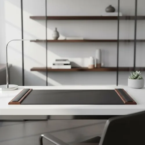 Vista 7 de DACASSO Almohadilla de escritorio de madera y cuero con rieles laterales, protector de escritorio de cuero de lujo para escribir, protector nogal