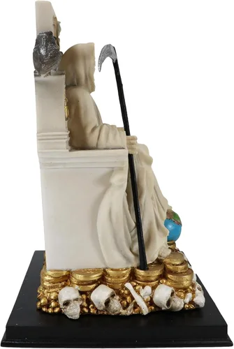 Vista 6 de Ebros Túnica blanca Santa Muerte Santa Muerte Hueso Sagrado Madre sentada en el trono con guadaña Estatua Patrón de Protección Sanación Pureza