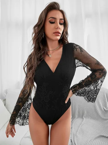 Vista 3 de SHENHE Elegante body de manga larga con cuello en V y encaje floral para mujer
