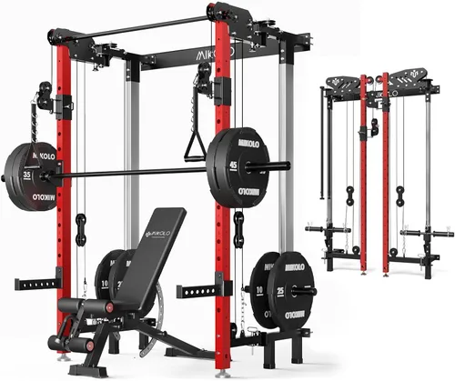 Vista 10 de Mikolo Folding Squat Rack, Wall Mounted Power Rack with Cable Crossover Machine & LAT Pull Down, Functional Trainer with 5 Adjustable Function