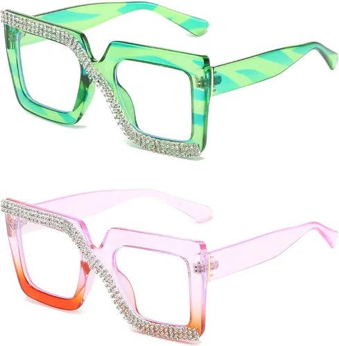 Vista 8 de Melrose Gafas de lectura cuadradas de diamante transparente para mujer, gafas de diamantes de imitación de luz azul de moda 2 piezas ámbar y floral