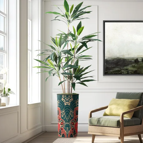 Vista 9 de Árbol artificial en macetero moderno con patrón de mandala, palmera tropical areca artificial de seda para decoración del hogar en interiores