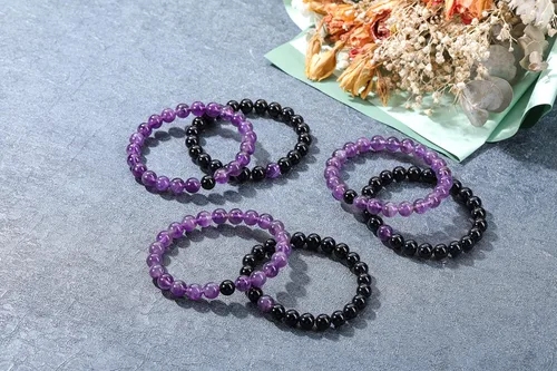 Vista 5 de Jovivi 2 pulseras elásticas de piedra curativa de obsidiana negra y amatista de 0.315 pulgadas, hechas a mano, piedras preciosas redondas naturales