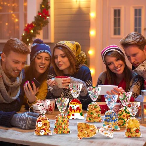 Vista 6 de DULEFUN 160 bolsas de celofán de Navidad, 8 estilos, transparentes para dulces, galletas, golosinas, bolsas de celofán con lazos de torsión