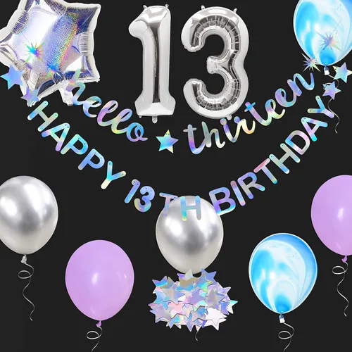 Vista 7 de Blue Omg Ur A Teenager - Cartel de feliz cumpleaños con flecos de papel de aluminio negro, telón de fondo plateado 13 para niños, decoración