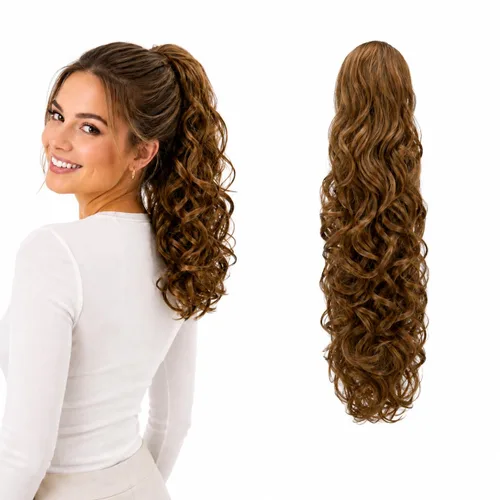 Vista 28 de CAISHA Extensiones de cola de caballo de 18 pulgadas, voluminosas, onduladas, marrón ceniza, mezcla de rubio claro PH35
