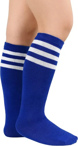 Vista 3 de Century Star Calcetines de fútbol para niños, calcetines de uniforme para niñas, calcetines altos hasta la rodilla, calcetines de tubo con rayas