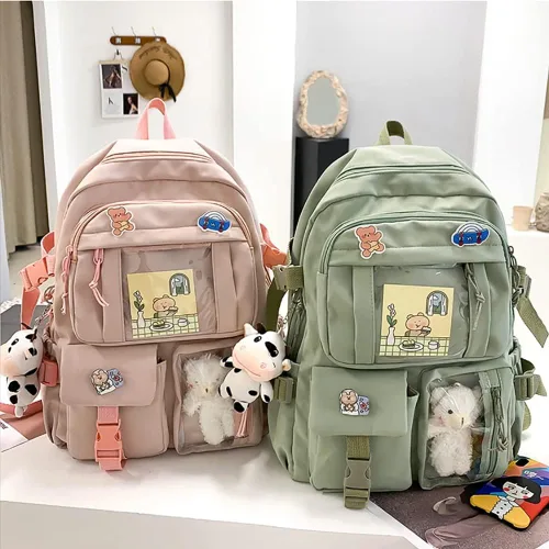 Vista 3 de Mochila Kawaii con lindo pin y accesorios, linda mochila Kawaii para mochila escolar, mochila Kawaii para niña, Rosado-2, Kawaii, lindo