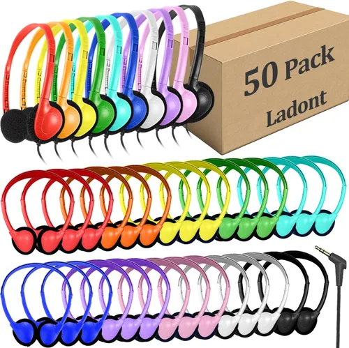 Vista 9 de Paquete de 10 auriculares para niños a granel para el aula escolar, auriculares multicolor con cable para estudiantes, auriculares ajustables