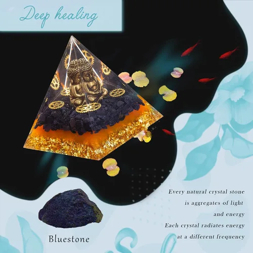 Vista 6 de FENGSHUI-CAISHEN Estatua de Little Buddha en pirámide de organita de cristal curativo, piedra arenisca azul con figura de Buda bebé, decoración