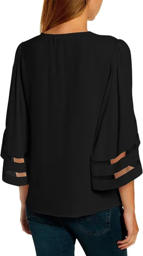 Vista 2 de luvamia Blusa casual con cuello en V para mujer, manga acampanada de 34 con panel de malla, blusa suelta
