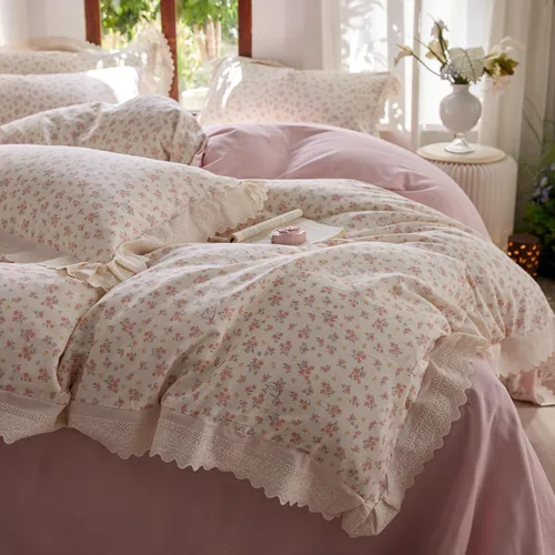 Vista 30 de Funda de edredón de flores rosadas, tamaño individual, elegante, con volantes, funda de edredón de encaje de algodón, juego de ropa de cama floral
