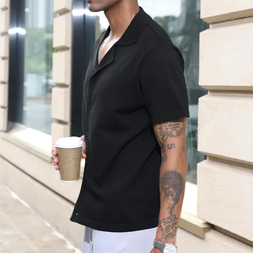 Vista 3 de Camisas polo de guayabera cubana para hombre, estilo casual, manga corta, ligeras, de punto, camisetas de golf de color sólido