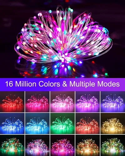 Vista 2 de Luces de Hadas Inteligentes Paquete de 2 Total 66 Pies 200 Luces LED de Cadena Parpadeantes con Control Remoto y APP, Luces de Árbol de Navidad USB