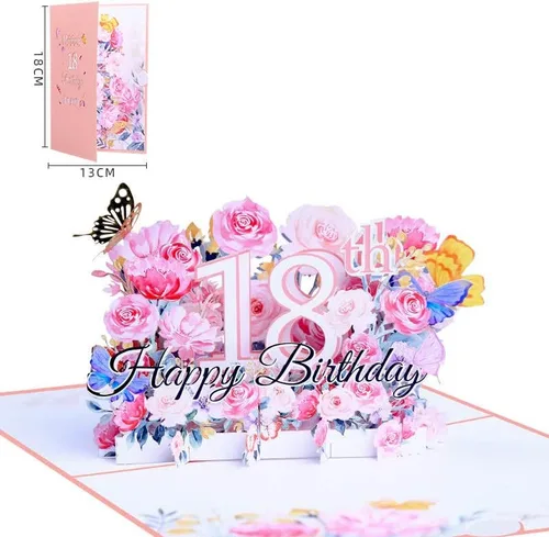 Vista 3 de Tarjeta desplegable de cumpleaños número 18, tarjeta de felicitación de flores 3D para mujer Tarjeta de cumpleaños número 18