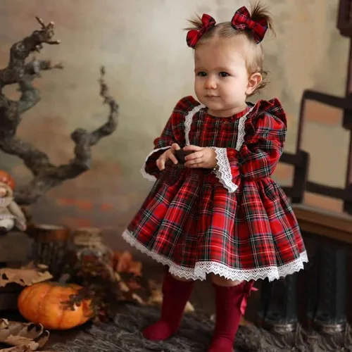 Vista 4 de B30 - Vestido de princesa con estampado de encaje para bebé y niña ropa para bebé Rojo 6-12 meses