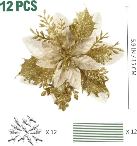 Vista 2 de STOBOK Flores artificiales de pascua con purpurina, paquete de 12 adornos de árbol para coronas, guirnaldas, fiestas de vacaciones, decoración