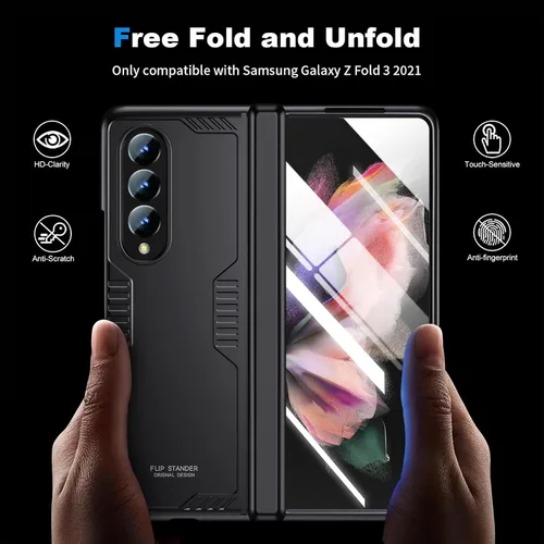 Vista 3 de Funda para Samsung Z-Fold-3: [Soporte oculto] [Carga inalámbrica] Funda delgada con protección de bisagra ligera con protector de pantalla - Funda