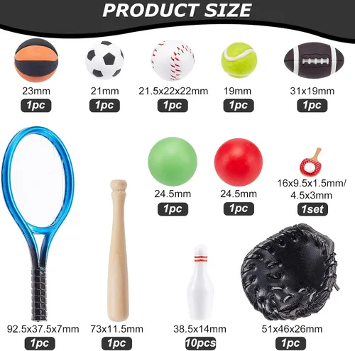 Vista 2 de FINGERINSPIRE Juego de 24 piezas de deportes en miniatura, mini béisbol, tenis, fútbol, baloncesto, rugby, bolos, mesa, tenis, bolos, bolos, palos