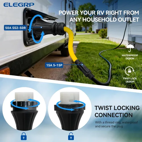 Vista 3 de ELEGRP Cable adaptador RV de 50 amperios a 15 amperios, NEMA 5-15P a SS2-50R, conector de bloqueo giratorio, convertidor eléctrico macho de 15 A a