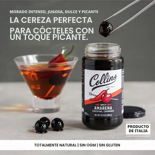 Vista 3 de Collins - Cerezas amarena picantes en almíbar, cerezas negras para Old Fashioned o Manhattan, cerezas de cóctel, guarnición para cócteles o postres