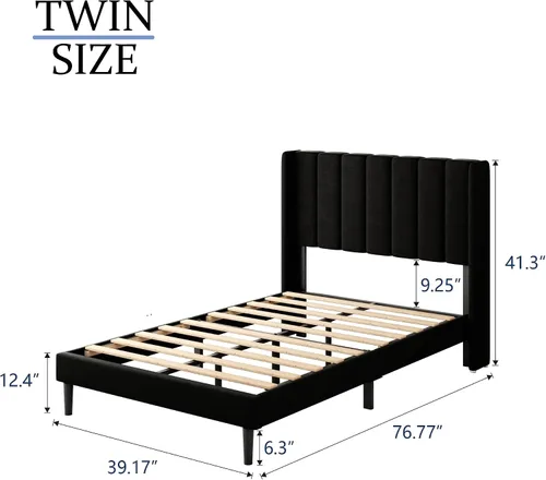 Vista 2 de Gruwans Base de cama de tamaño individual con cabecera tapizada con respaldo de ala, plataforma de fácil montaje, soporte de listones de madera,