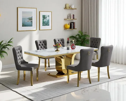 Vista 81 de Juego de mesa de comedor de mármol sintético, 7 piezas, juego de mesa de cocina y comedor para 6, mesa de comedor rectangular blanca de 70 pulgadas