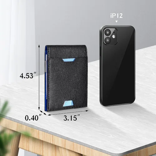 Vista 3 de Cartera plegable para hombre con clip para dinero bolsillo frontal minimalista de cuero con bloqueo RFID