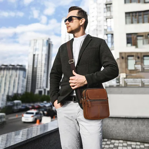 Vista 7 de BAIGIO Bolso cruzado de cuero genuino para hombre, bolso de hombro pequeño, maletín de mensajero de gran capacidad, bolsa de viaje
