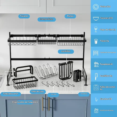 Vista 2 de BOOSINY Over The Sink Dish Drying Rack with Utensil and Cup Holder Negro