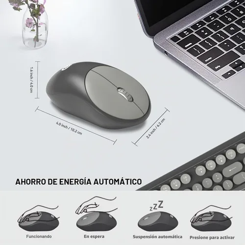 Vista 5 de Combo de teclado y mouse inalámbricos, 104 teclas redondas, lindo teclado y mouse inalámbricos coloridos con máquina de escribir retro, color negro