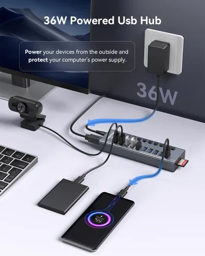 Vista 4 de WENTER Hub USB 3.0 alimentado con lector de tarjetas SD/TF, concentrador USB de aluminio de 10 puertos