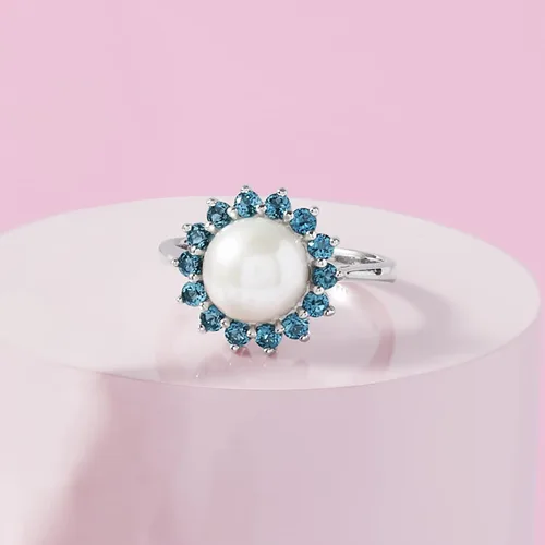 Vista 4 de Ross-Simons 8-8.5mm Cultured Pearl and .60 ct. t.w. London Blue Topaz Ring in Sterling Silver