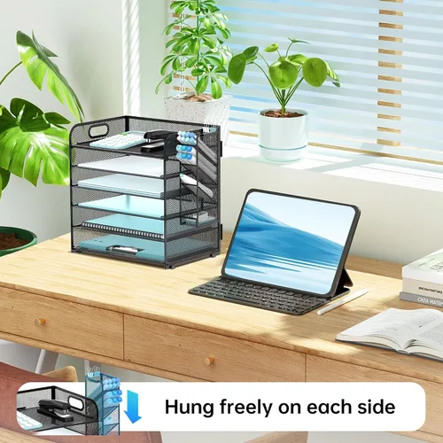 Vista 4 de SUPEASY Organizador de escritorio de 6 niveles con 4 soportes para bolígrafos, organizador de papel de malla con asa, bandeja organizadora de Negro
